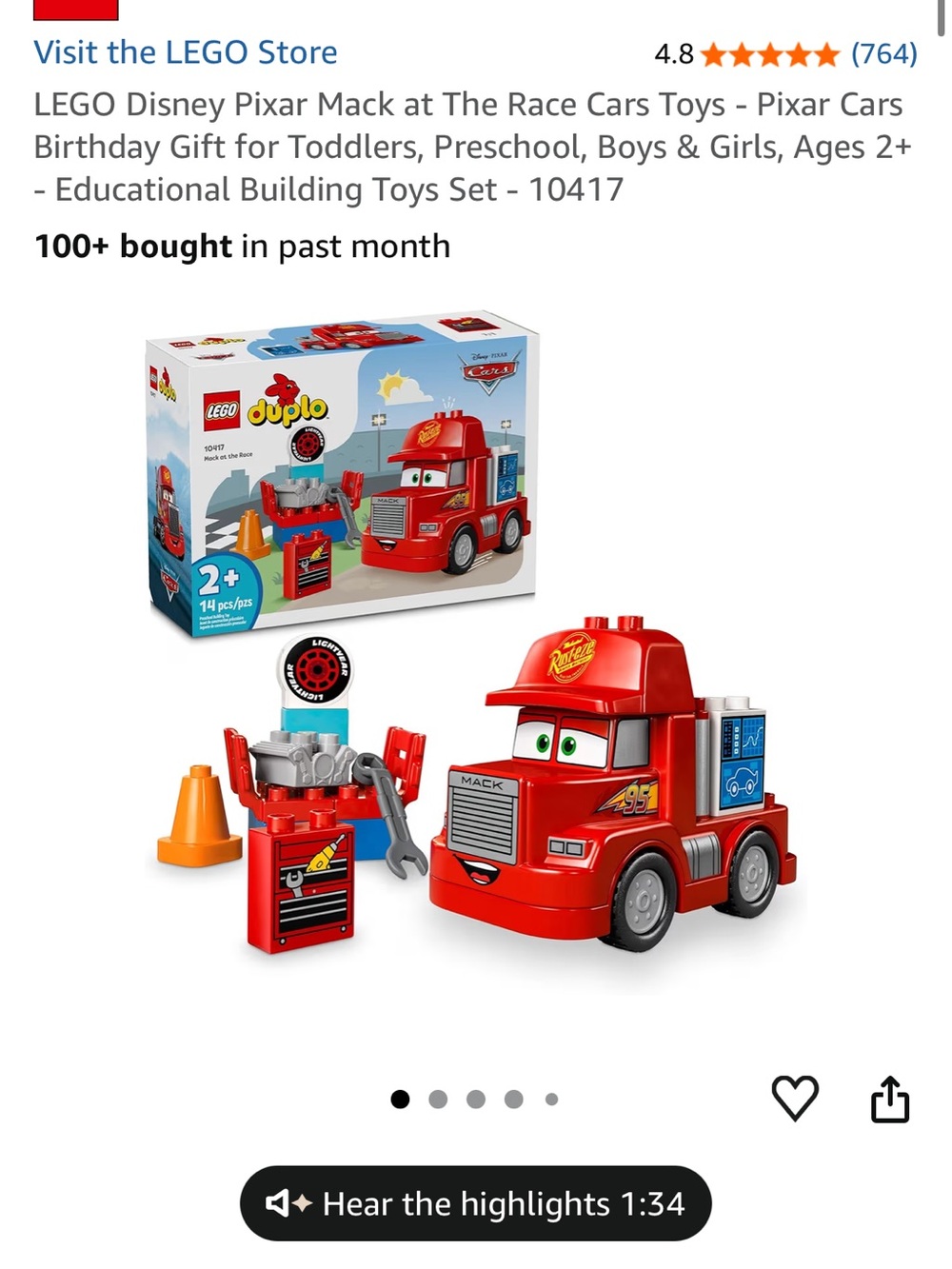 Lego Red Mack Truck Duplo Playset with Orange Cone